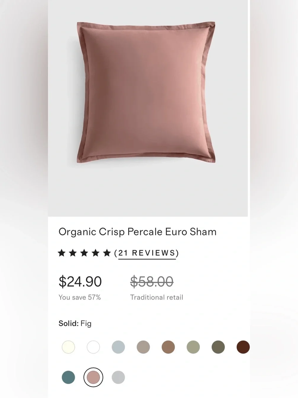 NWOT Quince Set of 2 Organic Crisp Percale Euro Shams, 26X 26 (Fig)